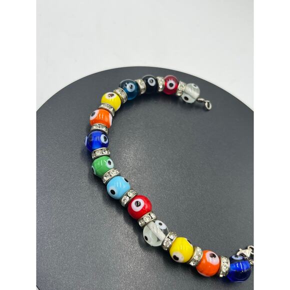 Sterling Silver Evil Eye Multicolor Glass Beads Rhinestone Protection Bracelet - Picture 3 of 10